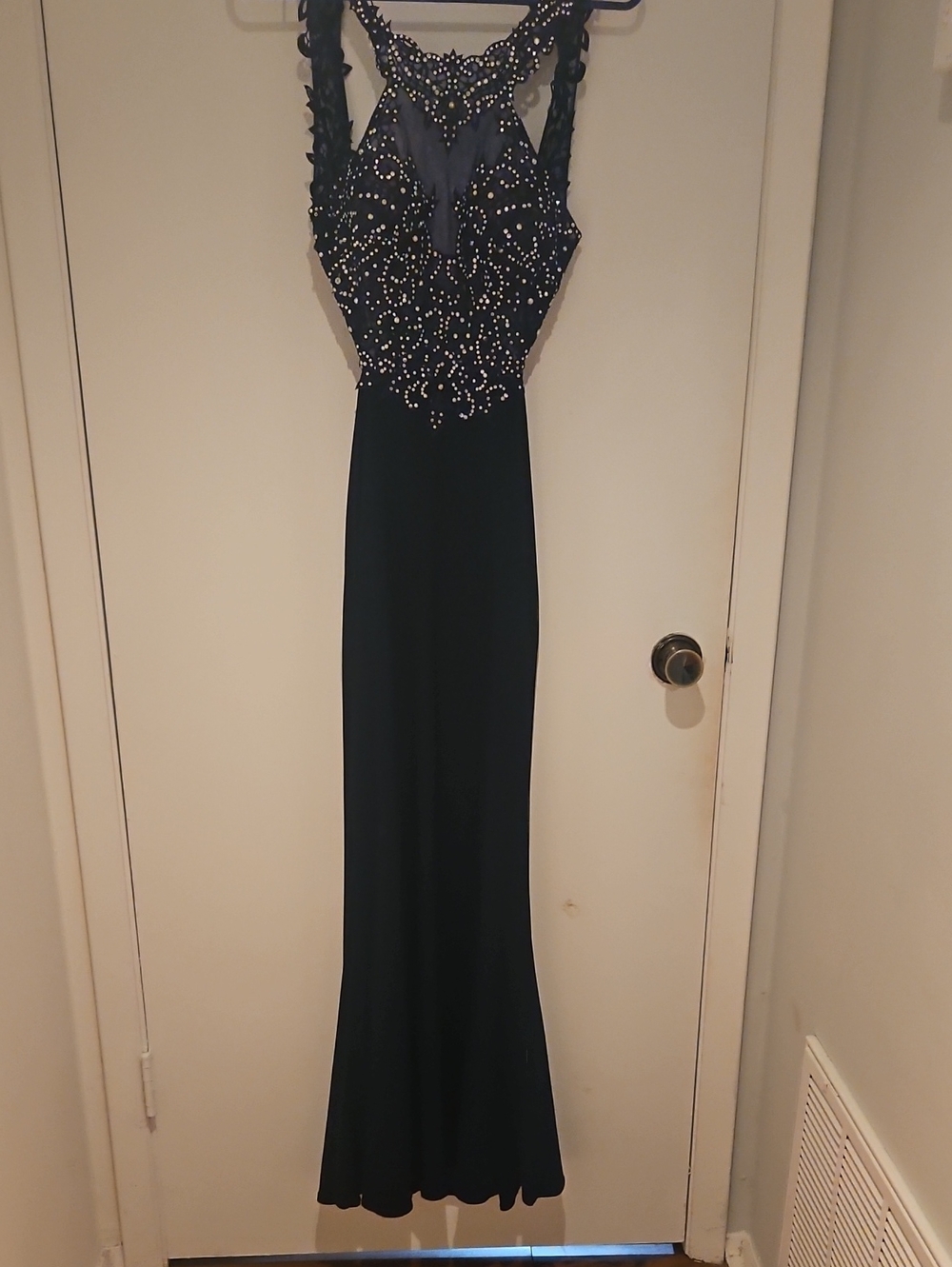 Cachet Black Beaded Halter Prom Gown